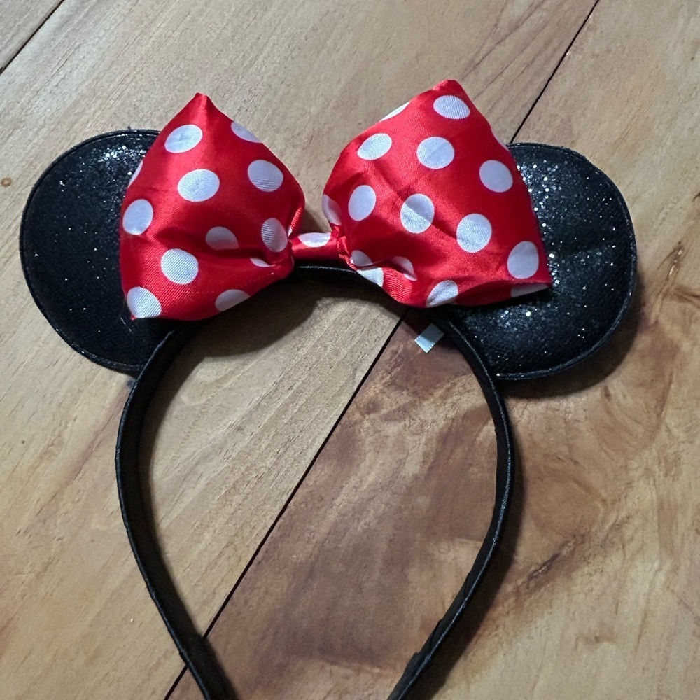 Red Minnie Mouse Polka Dot Bow Disney Headband with Black glitter Ears